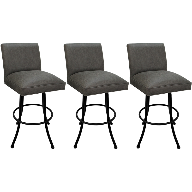 Set of 3 Swivel Metal Bar Stools - Sommerville - NW Elk Charcoal Fabric - Black