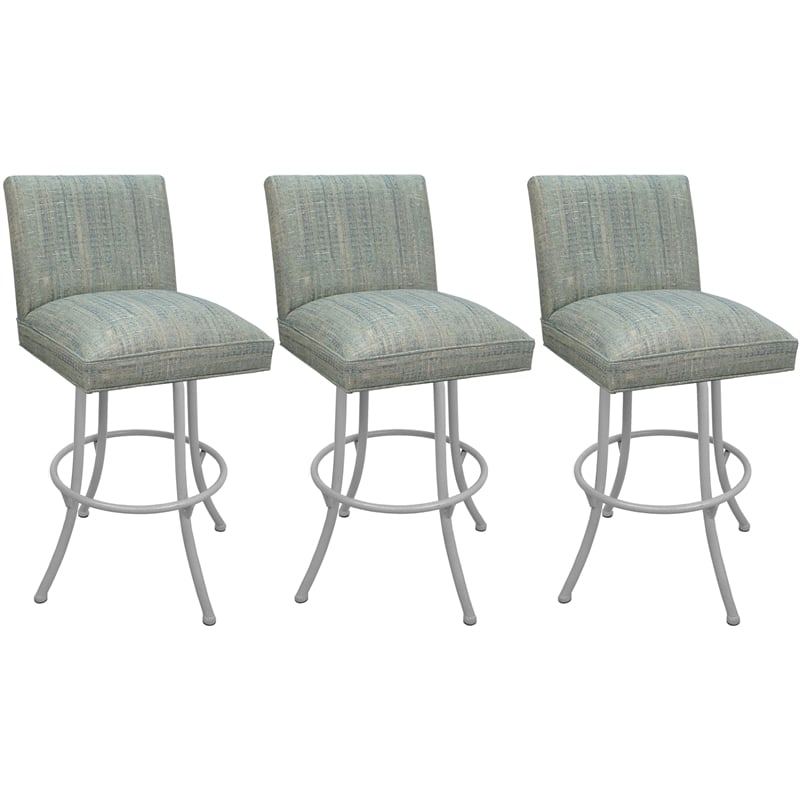 Set of 3 Swivel Metal Bar Stools - Sommerville Noam - Watusi Teal Fabric - White