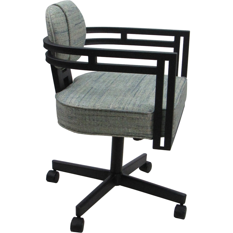 Swivel Metal Dining Caster Chair - Madir - Watusi Aquatint Teal Fabric - Black