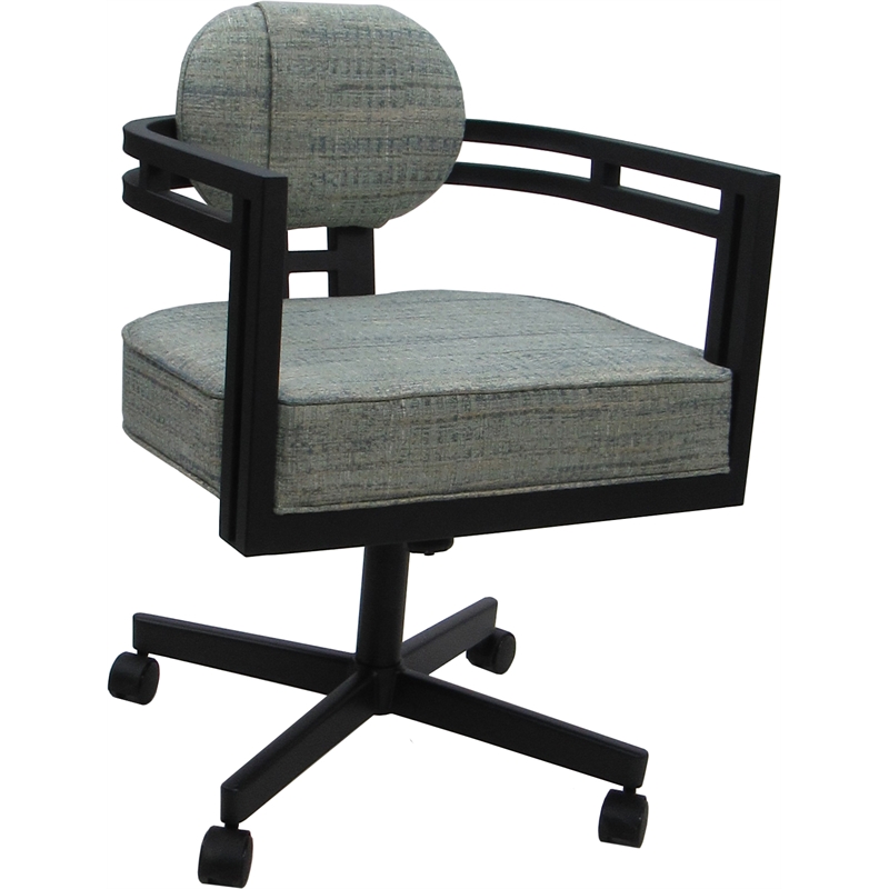 Swivel Metal Dining Caster Chair - Madir - Watusi Aquatint Teal Fabric - Black