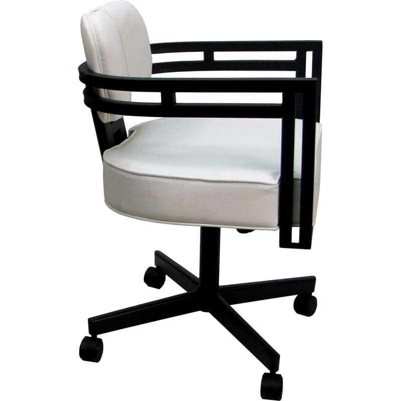 Swivel Metal Dining Caster Chair - Madir - White Vinyl - Black Frame
