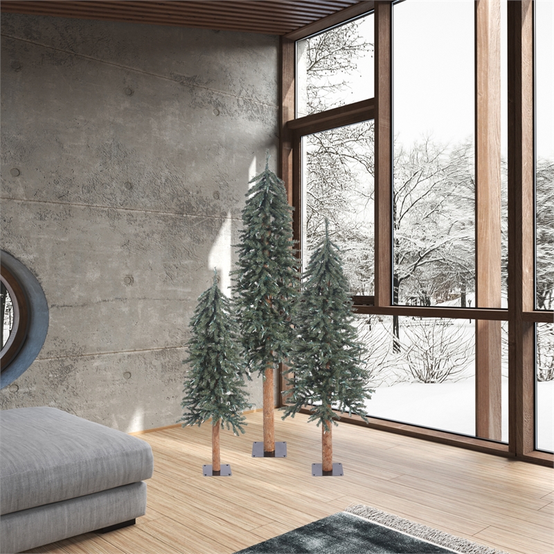Vickerman 4' 5' 6' Natural Bark Alpine Artificial Christmas Tree Set in Green