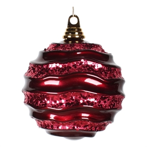 Vickerman 8&quot Glitter Accents Wave Ball Christmas Ornament in Candy Burgundy Red