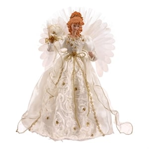 Vickerman 18&quot Angel Feather Wings Christmas Tree Topper in White and Gold