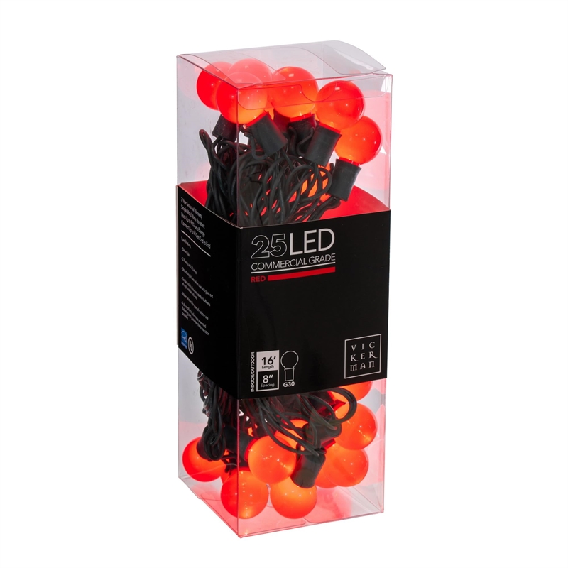 Vickerman 16' Opaque Ceramic G30 LED Christmas Light Set in Red