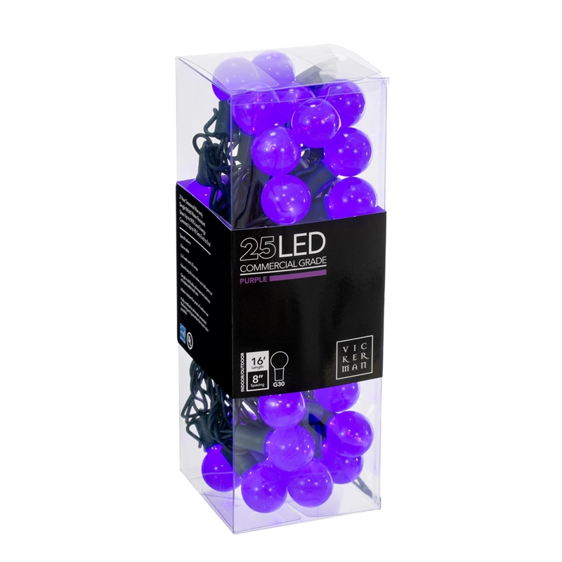 Vickerman 16' Opaque Ceramic G30 LED Christmas Light Set in Purple