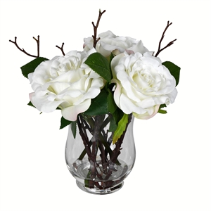 Vickerman 10&quot Contemporary Glass Artificial White Rose Vase in Clear