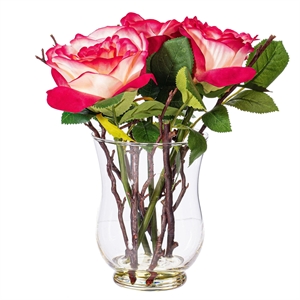 Vickerman 10&quot Contemporary Glass Artificial Dark Pink Rose Vase in Clear