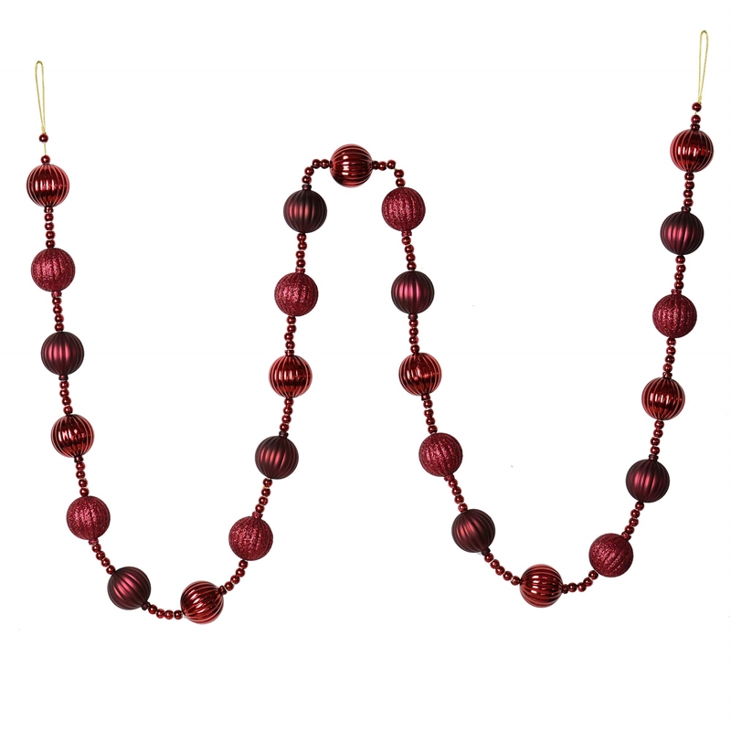 Vickerman 6' Plastic Stripe Ball Ornament Christmas Garland in Wine Red