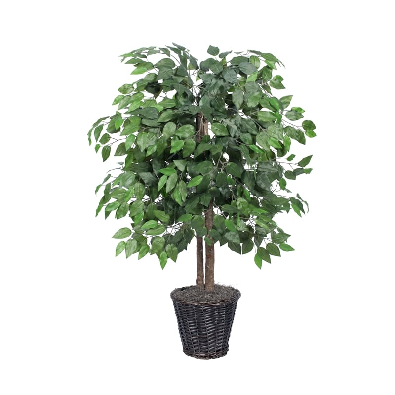 Vickerman 4' Artificial Ficus Bush with Rattan Basket in Dark Green