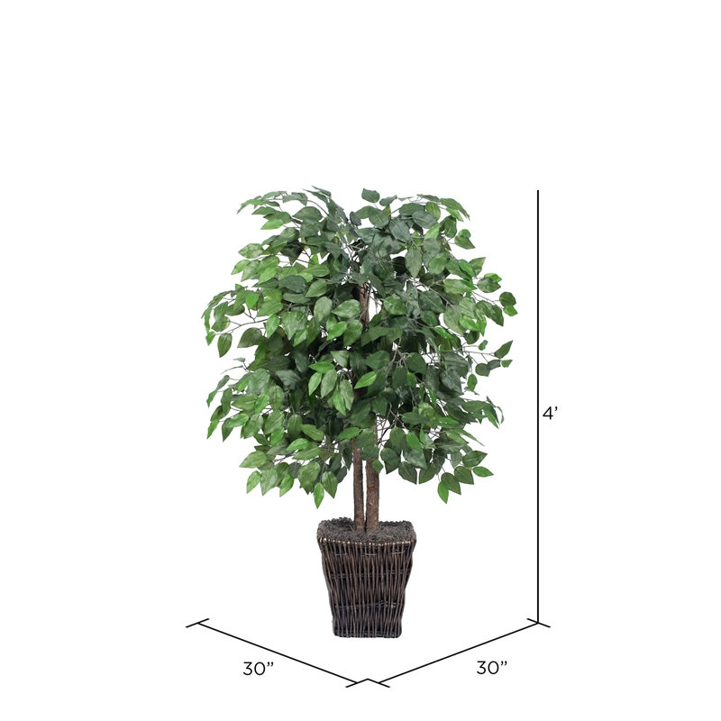 Vickerman 4' Artificial Ficus Bush with Square Willow Basket in Dark Green
