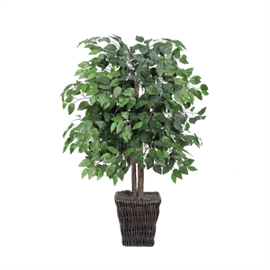 Vickerman 4' Artificial Ficus Bush with Square Willow Basket in Dark Green