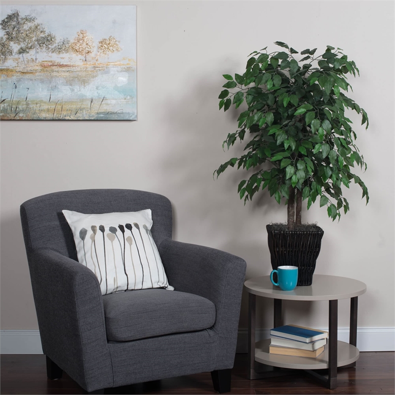Vickerman 4' Artificial Ficus Bush with Square Willow Basket in Dark Green
