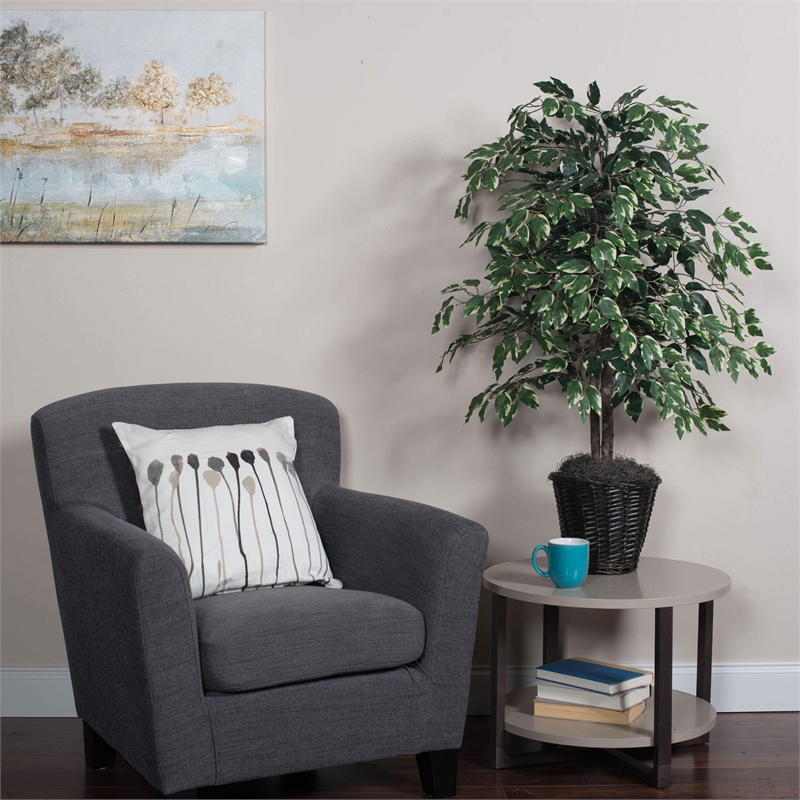 Vickerman 4' Artificial Variegated Ficus Bush with Rattan Basket in Green/White