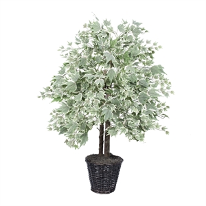 Vickerman 4' Artificial Maple Bush with Rattan Basket in Dark Green/Silver