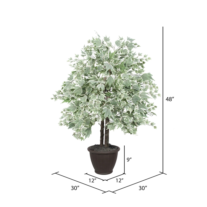 Vickerman 4' Artificial Maple Bush with Rattan Basket in Dark Green/Silver