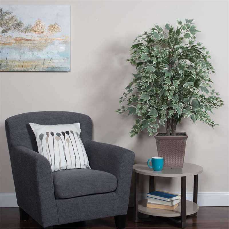Vickerman 4' Artificial Maple Bush with Rattan Basket in Dark Green/Silver