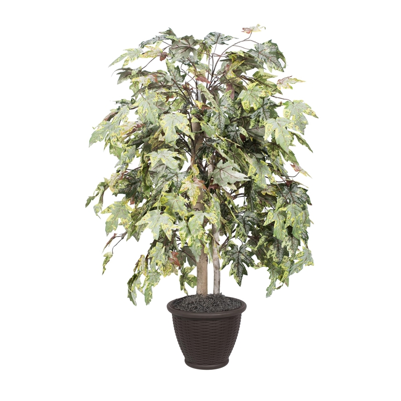 Vickerman 4' Artificial Frosted Maple Bush with Rattan Basket in Green