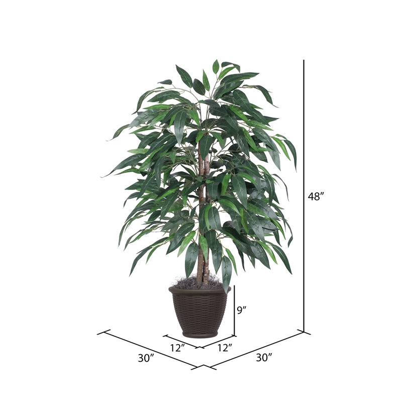 Vickerman 4' Artificial Mango Bush with Rattan Basket in Green