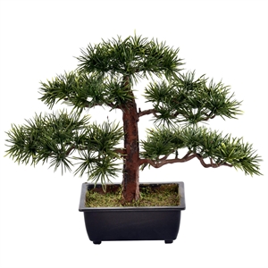 Vickerman 10&quot Plastic Artificial Potted Guest Greeting Bonsai Pine Tree in Green