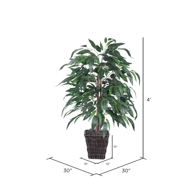 Vickerman 4' Artificial Mango Bush with Square Willow Basket in Green