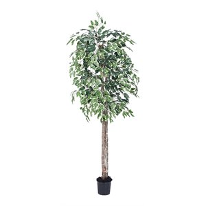 vickerman 6' artificial variegated ficus tree with black pot in green/white