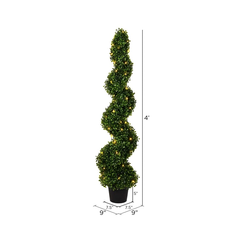 Vickerman 4' Plastic Artificial Potted Boxwood Spiral Tree with LED in Green
