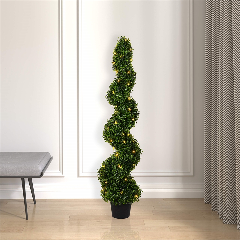 Vickerman 4' Plastic Artificial Potted Boxwood Spiral Tree with LED in Green