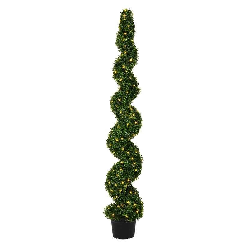 Vickerman 6' Plastic Artificial Potted Boxwood Spiral Tree with LED in Green