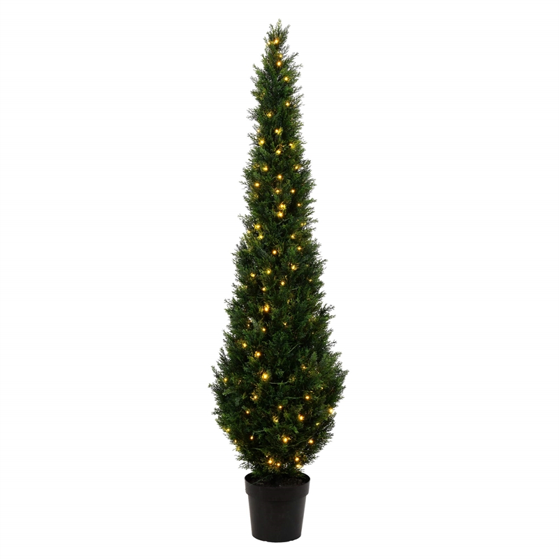 Vickerman 7' Contemporary Plastic Artificial Potted Cedar Tree with LED in Green