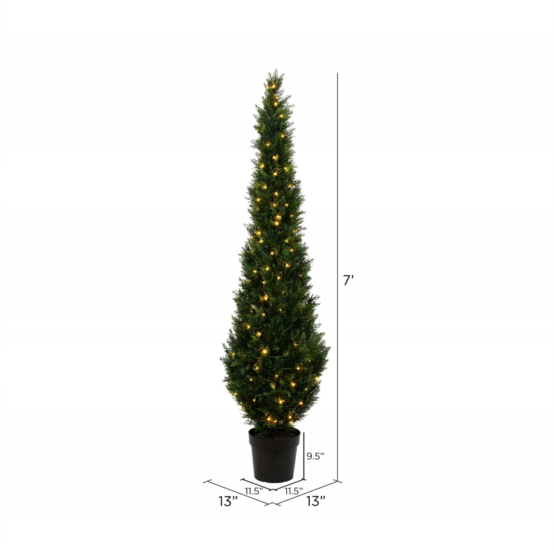 Vickerman 7' Contemporary Plastic Artificial Potted Cedar Tree with LED in Green