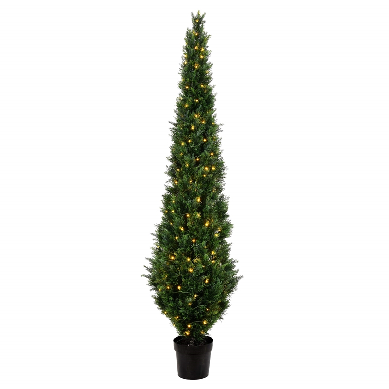 Vickerman 8' Contemporary Plastic Artificial Potted Cedar Tree with LED in Green