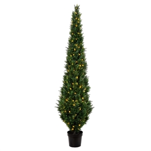 Vickerman 8' Contemporary Plastic Artificial Potted Cedar Tree with LED in Green