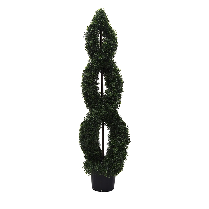 Vickerman 5' Artificial Boxwood Double Spiral Topiary with Black Pot in Green