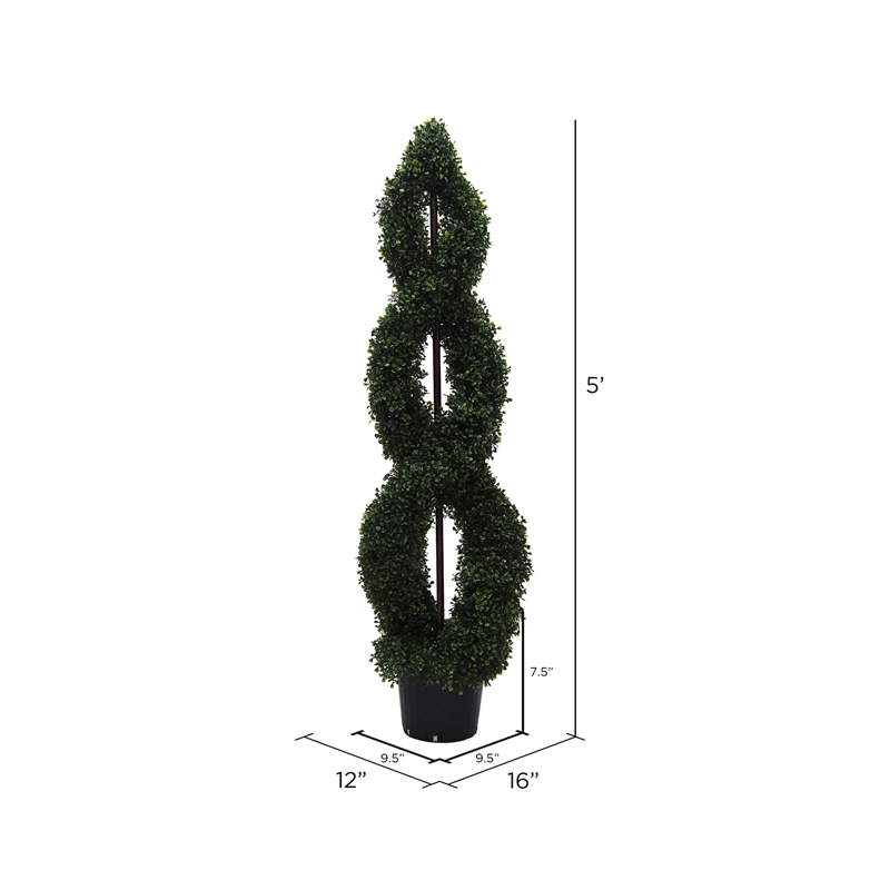Vickerman 5' Artificial Boxwood Double Spiral Topiary with Black Pot in Green