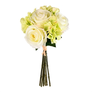 Vickerman 13&quot Fabric Artificial Rose Hydrangea Bouquet in Green/Cream (Set of 2)