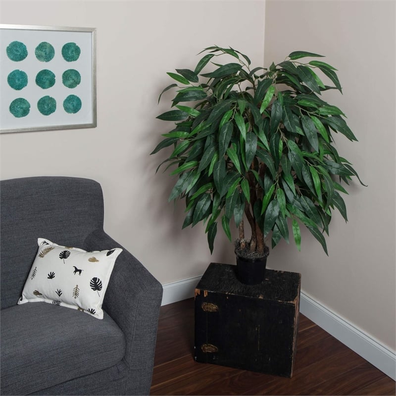 Vickerman 4' Artificial Mango Extra Full Bush with Black Pot in Green