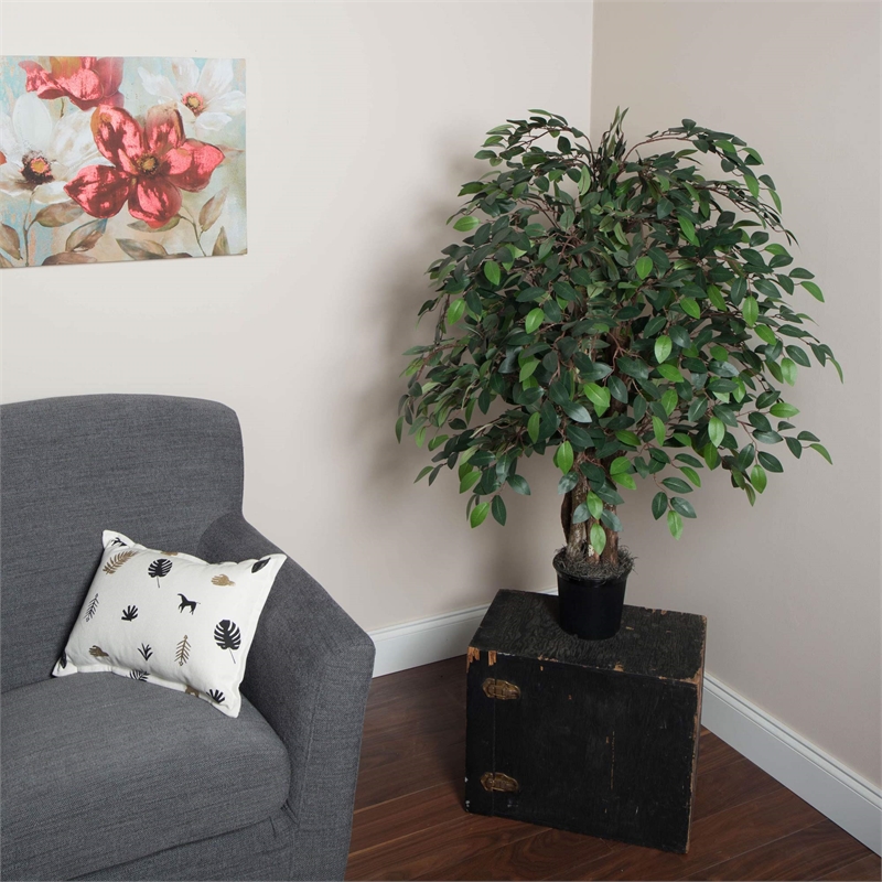 Vickerman 4' Artificial Mini Ficus Extra Full Bush with Black Pot in Green
