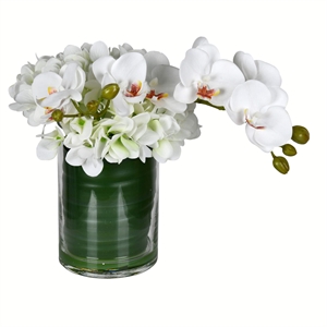 Vickerman 11&quot Fabric Artificial Orchid with Glass Pot in White Finish
