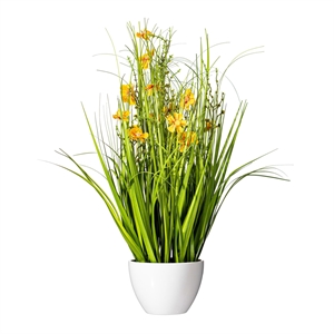 Vickerman 22.5&quot Fabric Artificial Potted Cosmos with Green Grass in Yellow