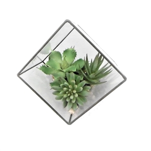 Vickerman 7.5&quot Plastic Artificial Succulents with Geometric Terrarium in Green
