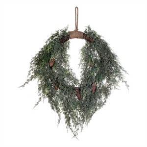 Vickerman 24&quot Artificial Snow Green Cedar Hanging Wreath with Pinecones.