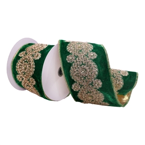 Vickerman 4&quot x 5 Yards Emerald Velvet Ribbon with Light Gold Sequin Embroidery