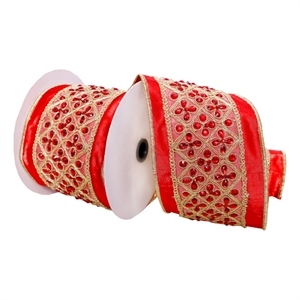 Vickerman 4&quot x 5 Yards Red Jewels Wired Edge Fabric Christmas Ribbon