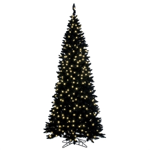 Vickerman 7.5' Flocked Black Fir Slim Artificial Tree. Warm White LED Lights