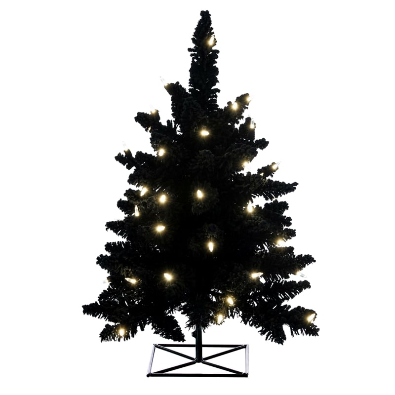 Vickerman 3' Flocked Black Fir Artificial Tree. Warm White LED Mini Lights