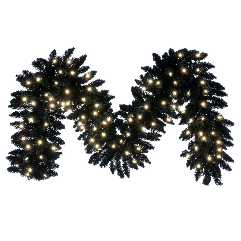 Vickerman 9' Flocked Black Fir Artificial Garland. Warm White LED Lights