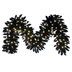 Vickerman 9' Flocked Black Fir Artificial Garland. Warm White LED Lights