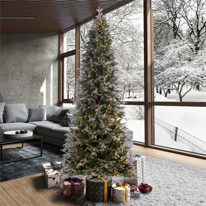 Vickerman 7.5' Frosted Douglas Fir Artificial Slim Tree. Warm White LED Lights