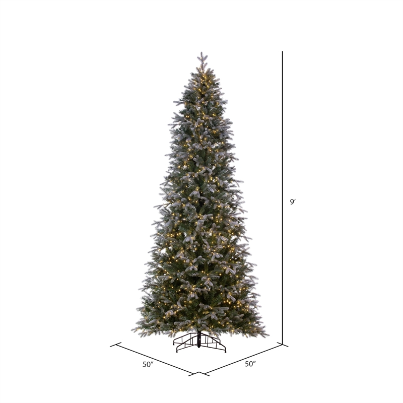 Vickerman 9' Frosted Douglas Fir Artificial Slim Tree. Warm White LED Lights